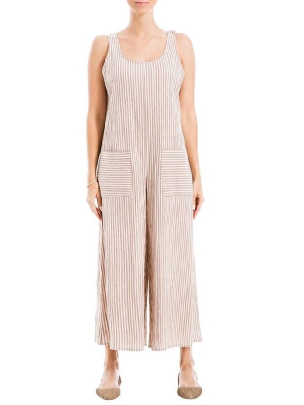 Max Studio Yarn Dye Sleeveless Wide Leg Jumpsuit Cotton Linen Blend Red Stripes